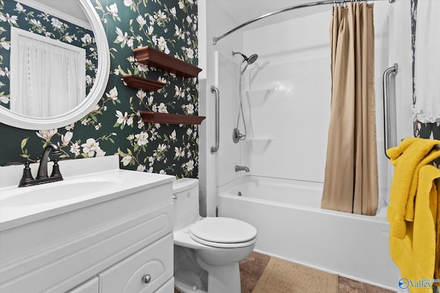 full bathroom with vanity, tile patterned floors, toilet, ornamental molding, and shower / tub combo with curtain