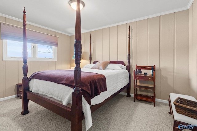 bedroom with carpet flooring and crown molding