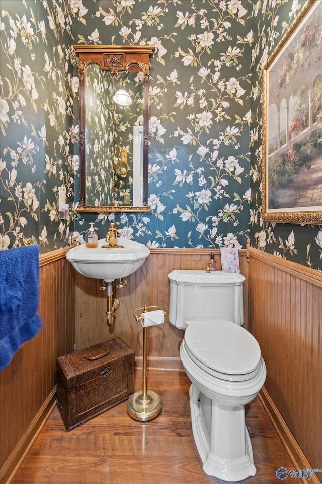 bathroom with hardwood / wood-style floors, toilet, and sink