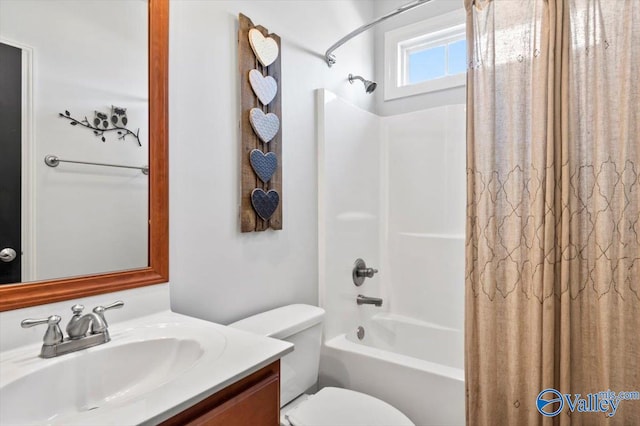 bathroom with toilet, shower / bathtub combination with curtain, and vanity