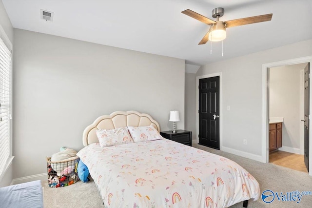 bedroom with a ceiling fan, baseboards, visible vents, and carpet flooring