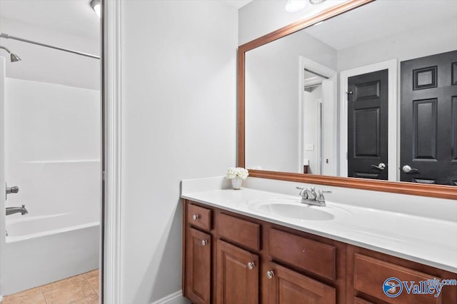 bathroom with shower / tub combination, tile patterned flooring, and vanity