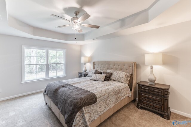 empty room with ceiling fan, ornamental molding, carpet, and a tray ceiling