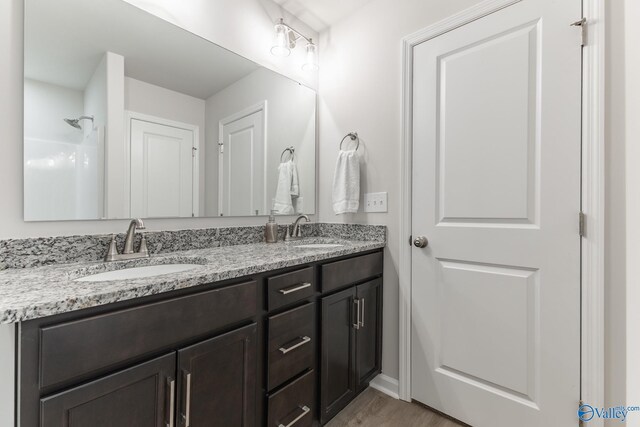 bathroom featuring vanity and hardwood / wood-style flooring