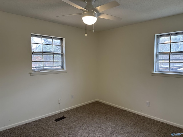 carpeted spare room with a textured ceiling, plenty of natural light, and ceiling fan