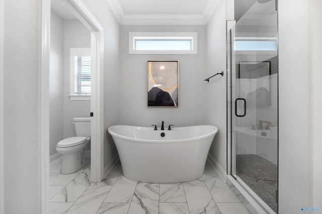 full bath with toilet, baseboards, marble finish floor, ornamental molding, and a stall shower