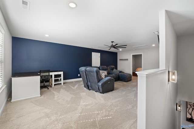 living room featuring carpet floors, recessed lighting, ceiling fan, and baseboards