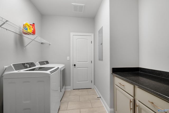 washroom featuring light tile patterned floors, electric panel, baseboards, visible vents, and washer and dryer