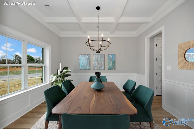 dining area featuring a notable chandelier, coffered ceiling, wood finished floors, visible vents, and beamed ceiling