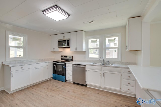 kitchen with light wood finished floors, a sink, white cabinetry, and appliances with stainless steel finishes