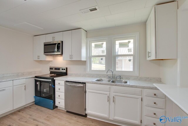 kitchen featuring white cabinets, a sink, stainless steel appliances, and light wood finished floors