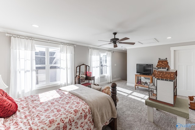 carpeted bedroom featuring ceiling fan