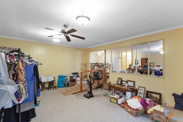 interior space featuring ceiling fan, carpet, ornamental molding, and a textured ceiling