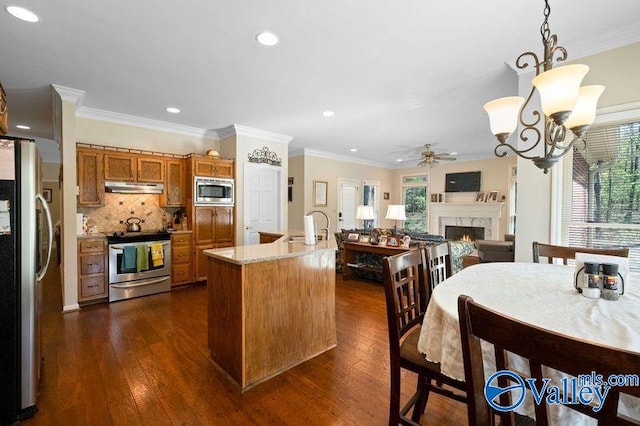 kitchen with dark wood-type flooring, decorative light fixtures, appliances with stainless steel finishes, and plenty of natural light