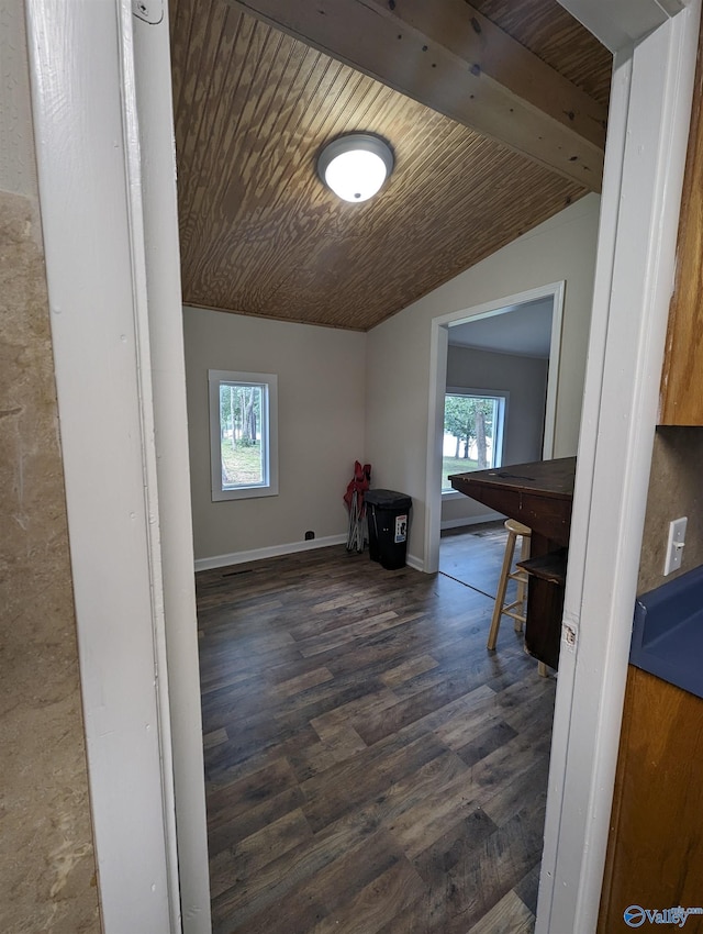 interior space featuring wooden ceiling, hardwood / wood-style floors, a healthy amount of sunlight, and vaulted ceiling with beams