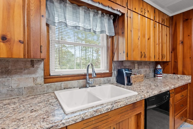 kitchen with dishwasher, decorative backsplash, sink, and ornamental molding