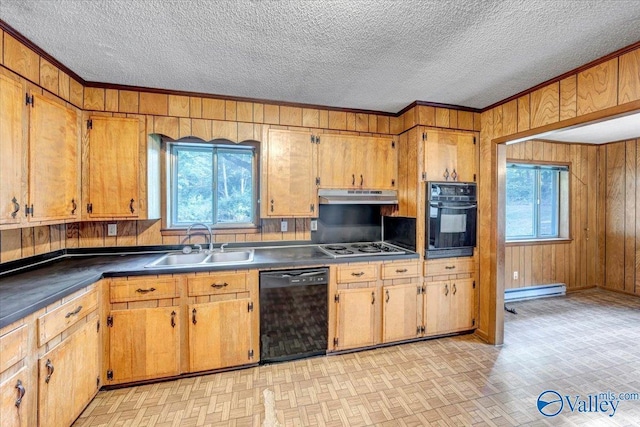 kitchen with wood walls, a baseboard heating unit, sink, and black appliances