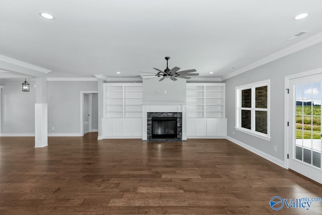 unfurnished living room with baseboards, dark wood-style floors, ceiling fan, and recessed lighting