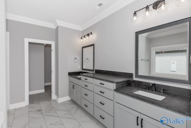bathroom featuring ornamental molding, baseboards, a sink, visible vents, and double vanity
