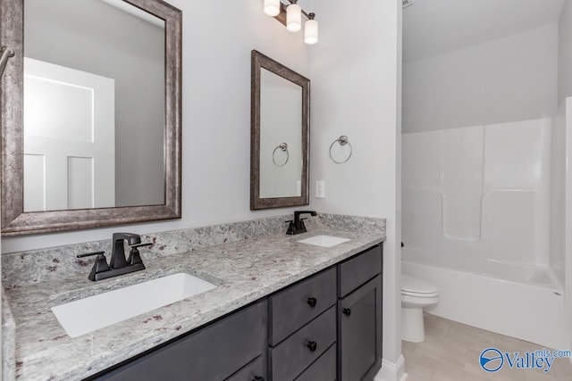 full bathroom featuring shower / bath combination, vanity, toilet, and tile patterned flooring