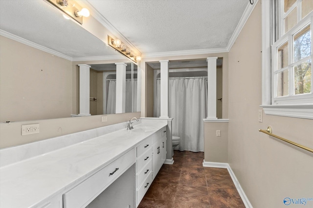 bathroom with crown molding, a textured ceiling, toilet, vanity, and a shower with shower curtain