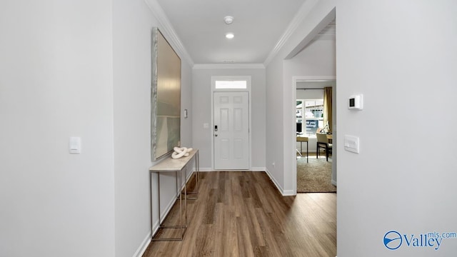 foyer entrance featuring wood-type flooring and ornamental molding