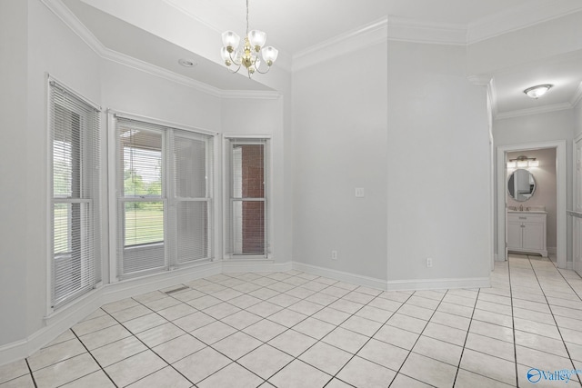 10214 New Cut Rd, Athens, AL 35611 - empty room featuring light tile patterned flooring, ornamental molding, and a chandelier