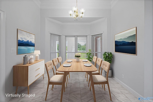 10214 New Cut Rd, Athens, AL 35611 - dining space featuring crown molding, light marble finish flooring, and a chandelier