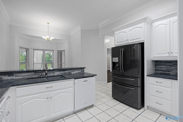 10214 New Cut Rd, Athens, AL 35611 - kitchen with dishwasher, black refrigerator with ice dispenser, a chandelier, dark stone counters, and crown molding
