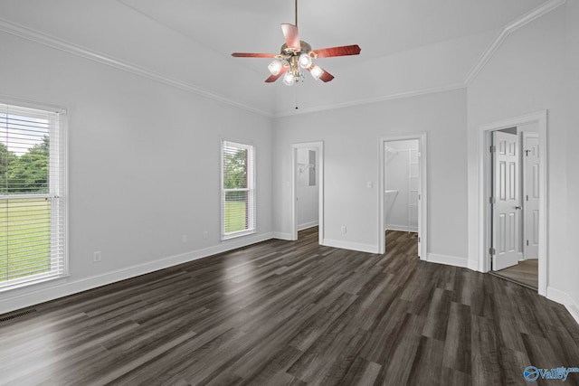 10214 New Cut Rd, Athens, AL 35611 - unfurnished bedroom with dark wood-style flooring, a spacious closet, ornamental molding, a ceiling fan, and lofted ceiling