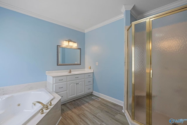 10214 New Cut Rd, Athens, AL 35611 - full bathroom with ornamental molding, a stall shower, vanity, and a tub with jets