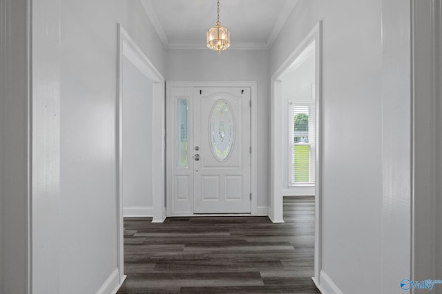 10214 New Cut Rd, Athens, AL 35611 - entrance foyer with dark wood-style flooring, a chandelier, and crown molding