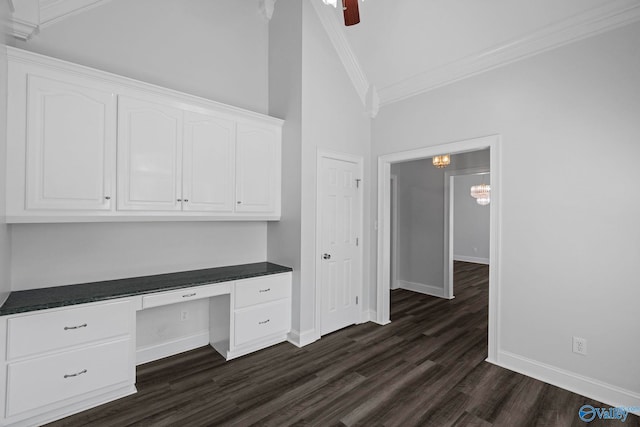 10214 New Cut Rd, Athens, AL 35611 - unfurnished office with built in desk, vaulted ceiling, crown molding, dark wood-style flooring, and a chandelier