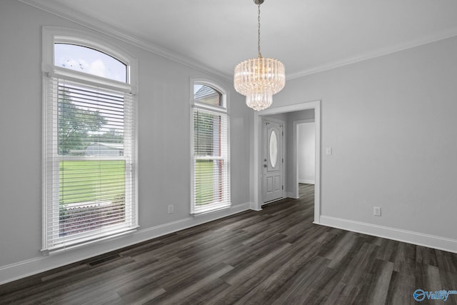 10214 New Cut Rd, Athens, AL 35611 - unfurnished dining area with crown molding, a chandelier, and dark wood-type flooring