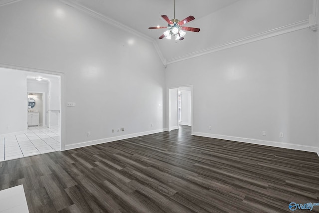 10214 New Cut Rd, Athens, AL 35611 - unfurnished living room with high vaulted ceiling, a ceiling fan, wood finished floors, and crown molding