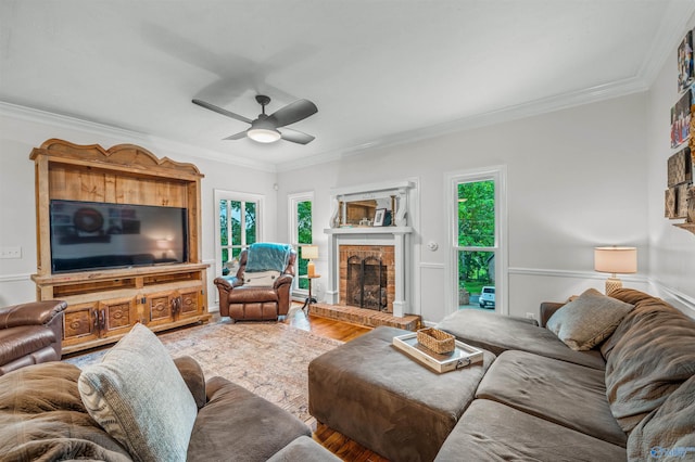 living room with crown molding, wood-type flooring, plenty of natural light, and a fireplace