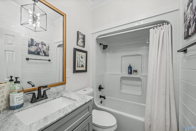 full bathroom with toilet, ornamental molding, vanity, and shower / bathtub combination with curtain