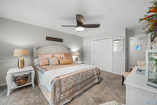 bedroom featuring a closet, ceiling fan, and carpet