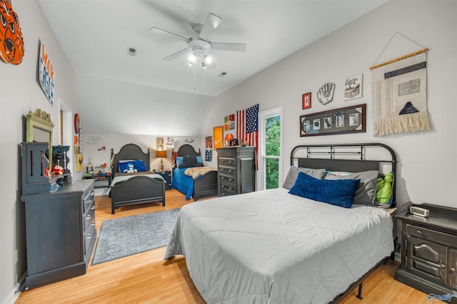 bedroom featuring ceiling fan and light hardwood / wood-style flooring