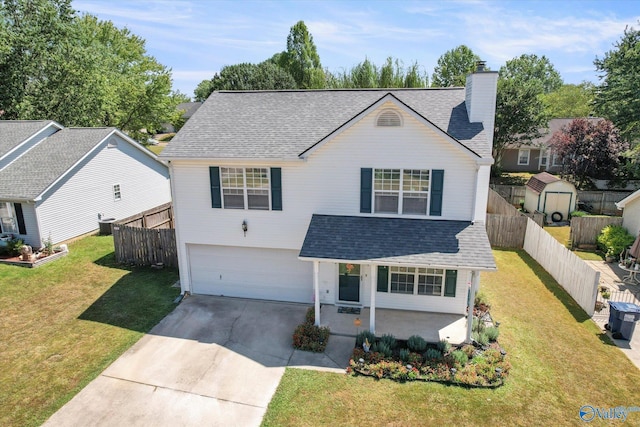 traditional home with driveway, a shingled roof, a chimney, fence, and a front lawn