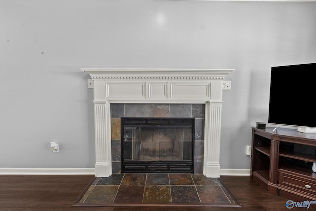 details featuring baseboards, wood finished floors, and a tile fireplace