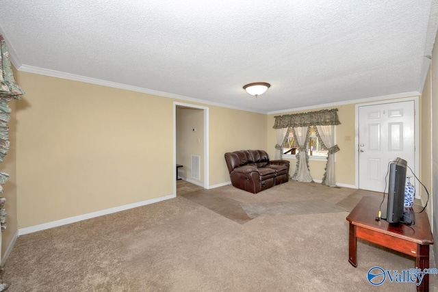 living area featuring crown molding, light colored carpet, and a textured ceiling