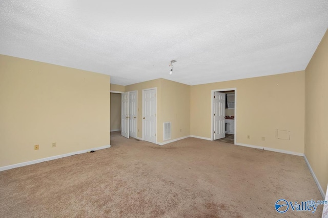 spare room featuring light colored carpet and a textured ceiling