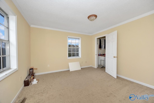 unfurnished room featuring light colored carpet, ornamental molding, and a textured ceiling