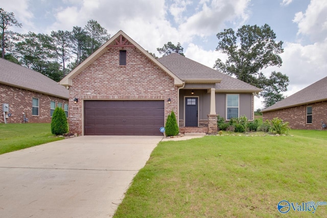 view of front facade with a garage, brick siding, driveway, roof with shingles, and a front yard