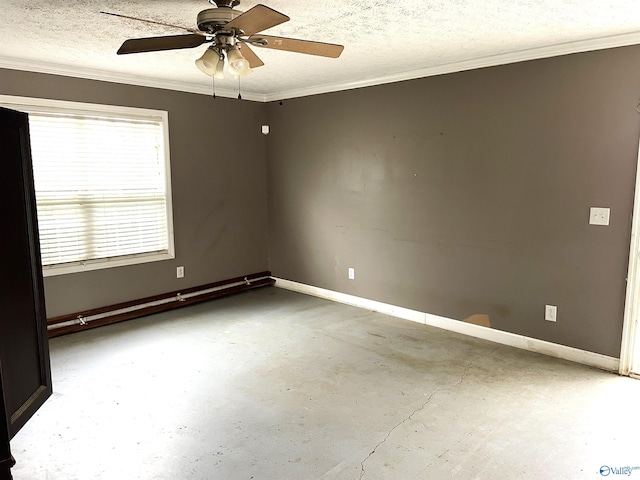 unfurnished room with crown molding, ceiling fan, concrete flooring, and a textured ceiling