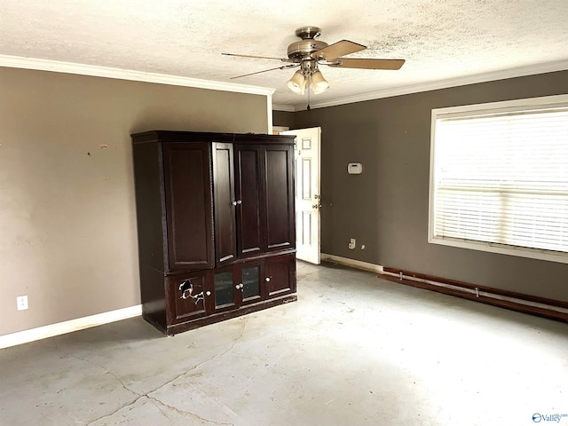 unfurnished bedroom with ceiling fan, ornamental molding, and a textured ceiling