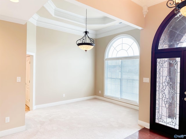 foyer entrance with a raised ceiling, baseboards, carpet floors, and ornamental molding