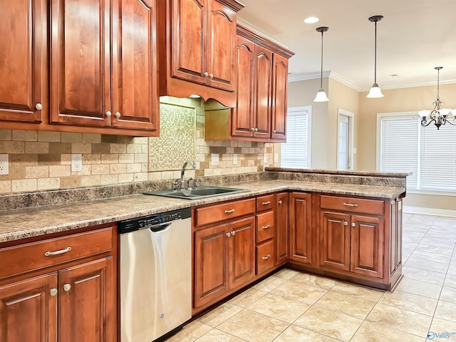 kitchen featuring a sink, decorative light fixtures, tasteful backsplash, stainless steel dishwasher, and crown molding