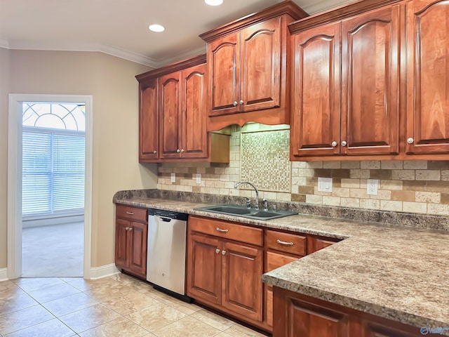 kitchen with tasteful backsplash, ornamental molding, light tile patterned floors, stainless steel dishwasher, and a sink